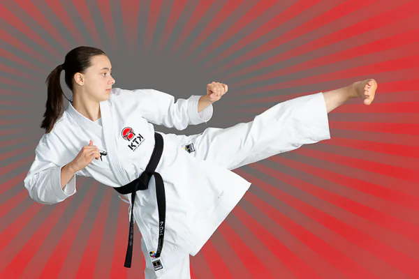 A sensei from KTK martial arts performs a side kick.   Sport photography by Jeffrey Meyer.